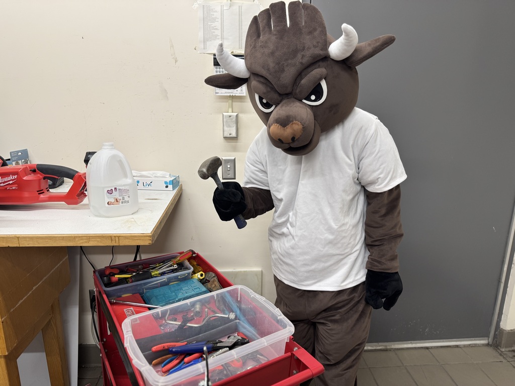 chip the buffalo holding a hammer