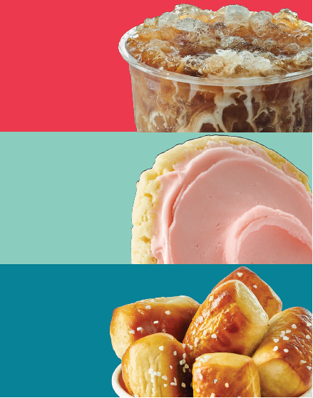 image divided into three sections showing picture of soda, frosted cookie and pretzel bites in each section