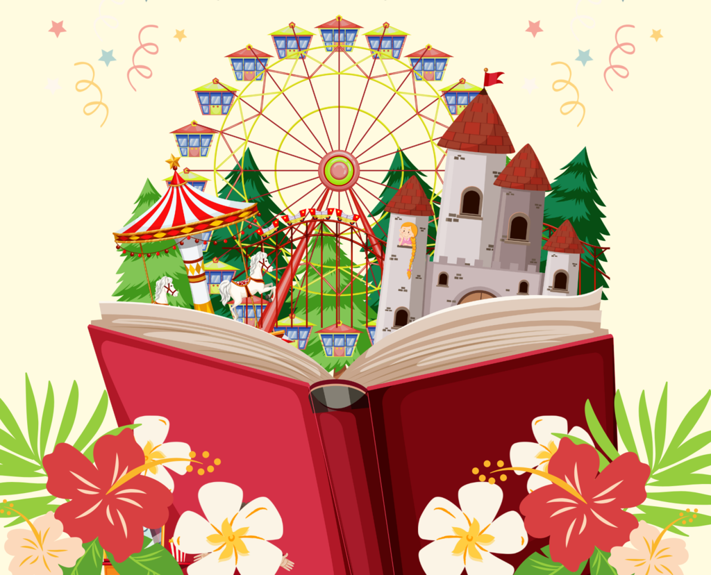 red book opened to reveal a castle and fair