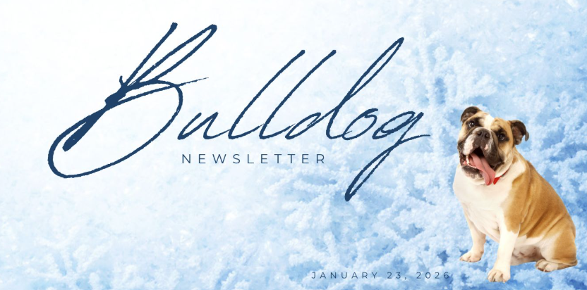 Bulldog Newsletter with snowflakes and bulldog