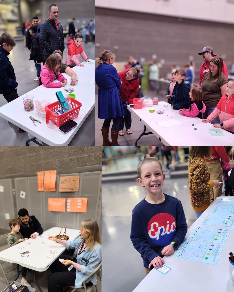 Alt text: A small group of students and an adult stand around a table organizing math tiles by color and shape.