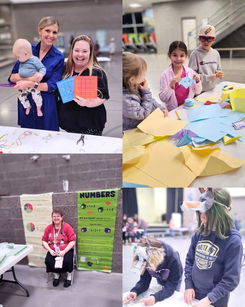 Alt text: Students and adults work together at a table using colorful math tiles to sort, count, and solve problems during Math Night.