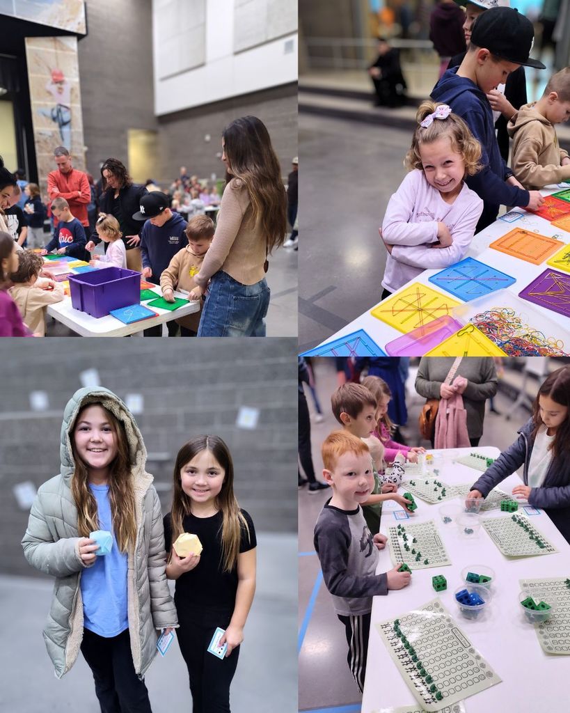Alt text: Students use manipulatives and activity cards at a math station while an adult helps guide their work.