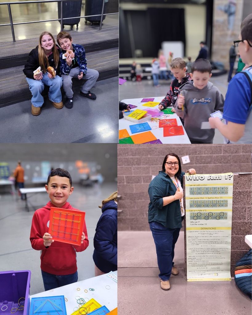 t: An adult talks with students at a math table while children wait their turn to participate in the activity.