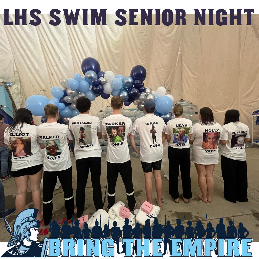 senior swimmers showing the backs of their t-shirts with their names and baby pictures