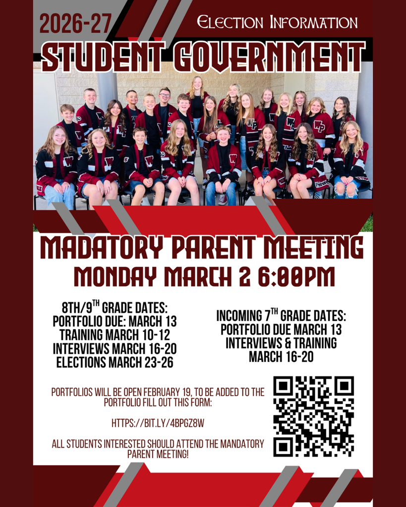 2026–27 Election Information  STUDENT GOVERNMENT  MANDATORY PARENT MEETING MONDAY MARCH 2 6:00PM  8TH / 9TH GRADE DATES: Portfolio Due: March 13 Training March 10–12 Interviews March 16–20 Elections March 23–26  INCOMING 7TH GRADE DATES: Portfolio Due March 13 Interviews & Training March 16–20  PORTFOLIOS WILL BE OPEN FEBRUARY 19. To be added to the portfolio fill out this form: https://bit.ly/4BPGZ8W  ALL STUDENTS INTERESTED SHOULD ATTEND THE MANDATORY PARENT MEETING! with a picture of current student government officers