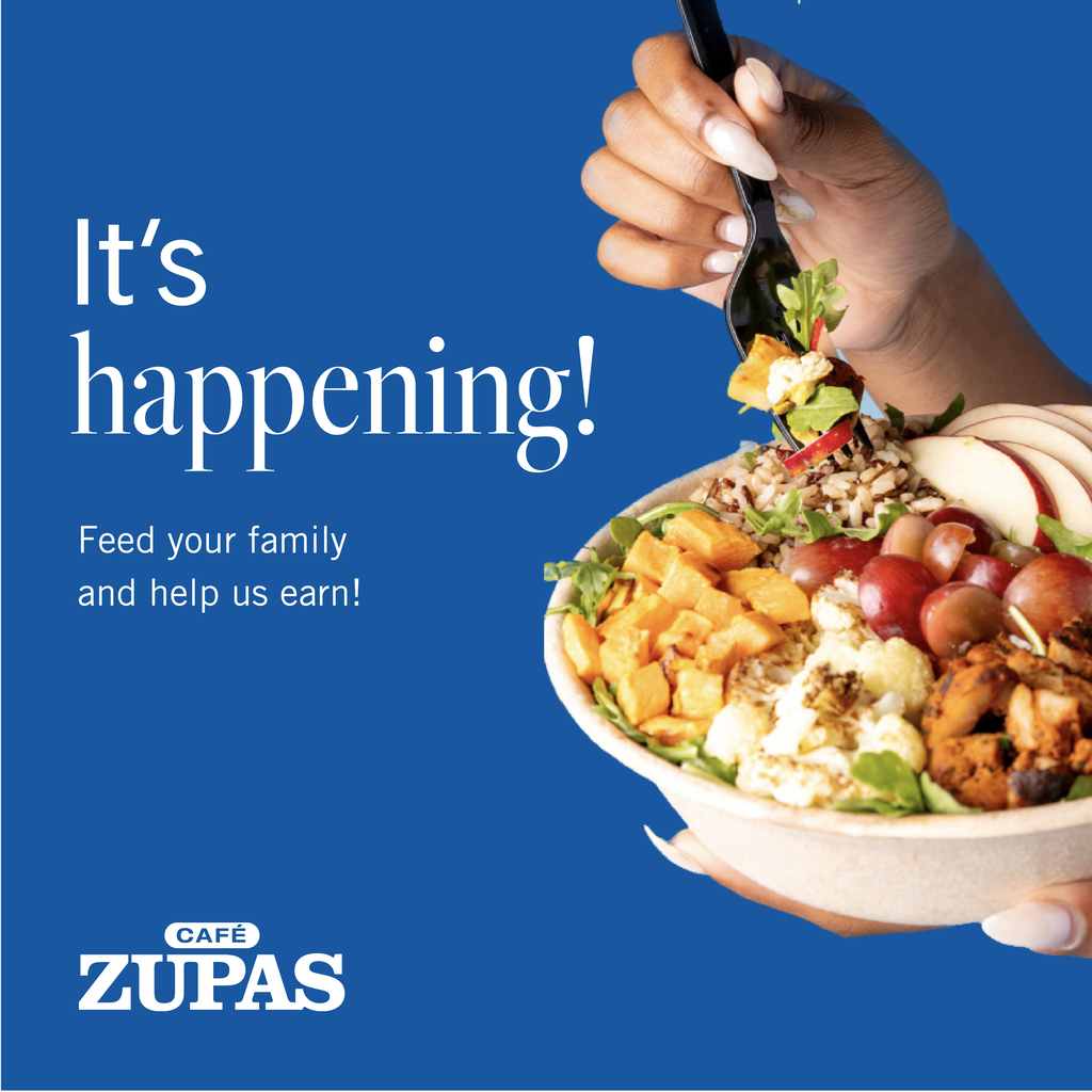 An image of a hand eating the contents in a bowl at Cafe Zupas and promoting the fundraiser night this Thursday from 4-9 pm.