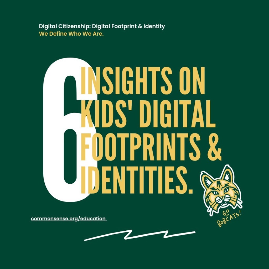 Green background with the text “5 Insights on Kids’ Digital Footprints & Identities.” The header reads “Digital Citizenship: Digital Footprint & Identity – We Define Who We Are.” A large number 6 appears on the left, and a Bobcat mascot with the words “Go Bobcats!” appears on the right.