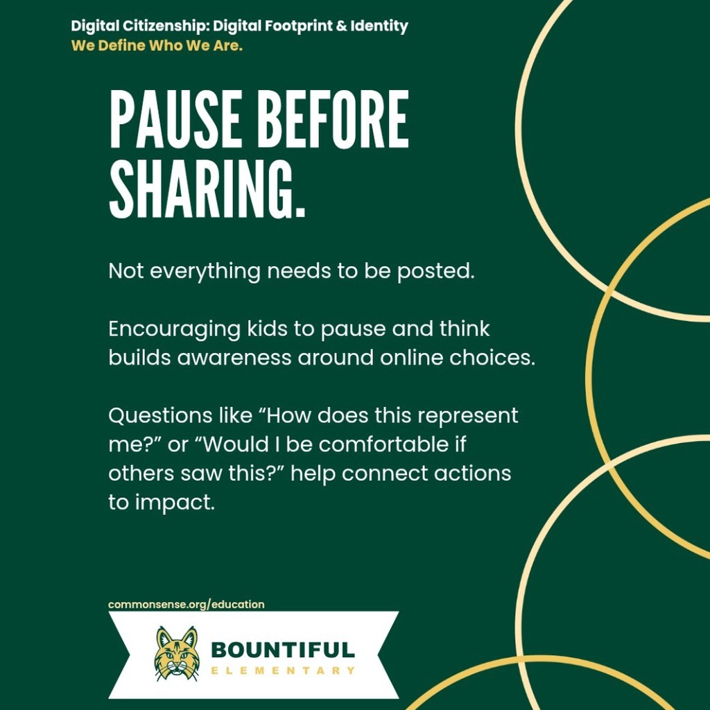 Green slide with the heading “Pause Before Sharing.” The text explains that not everything needs to be posted and that encouraging kids to pause and think builds awareness around online choices. Example questions include how a post represents them and whether they would be comfortable if others saw it.