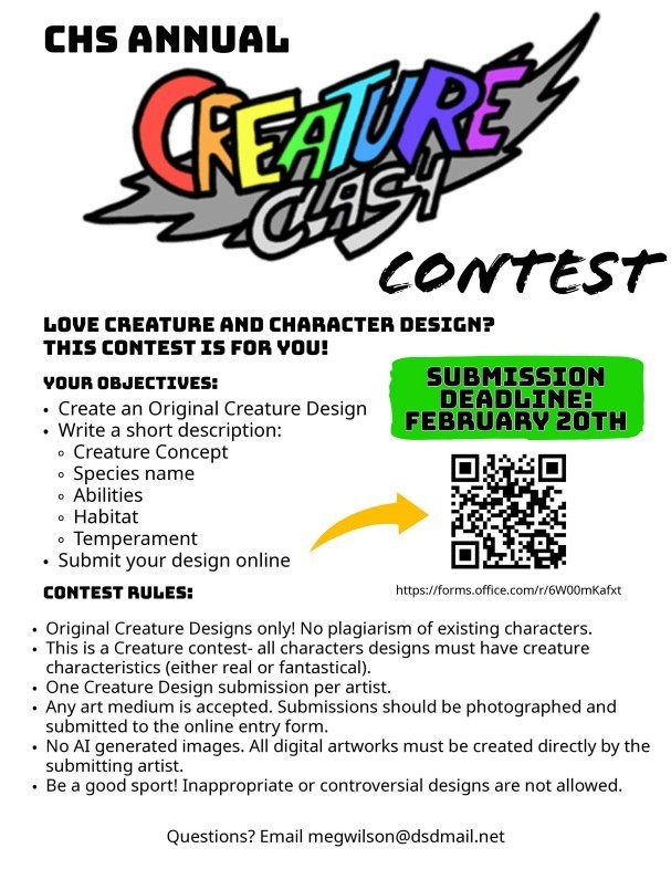 Creature Clash Contest. Submission deadline is February 2, 2026