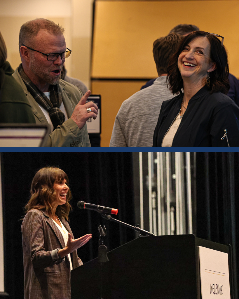 A collage of two photos of people conversing at the Board & Parent Engagement Night. 