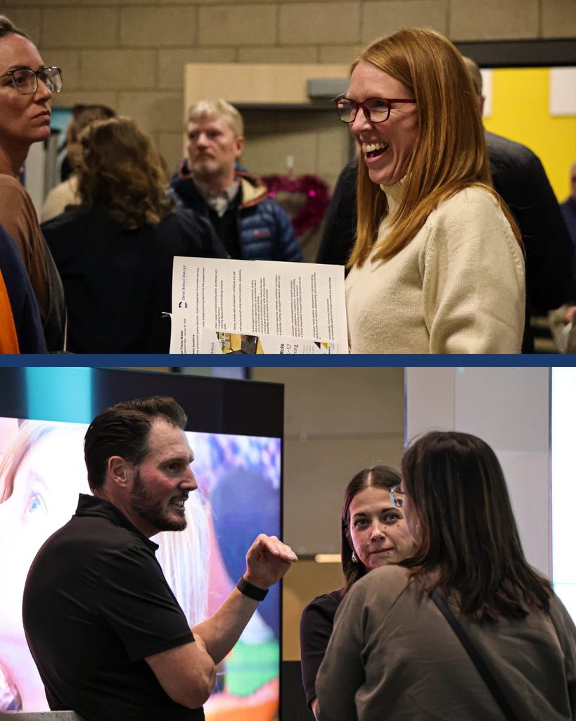 A collage of two photos of people conversing at the Board & Parent Engagement Night. 
