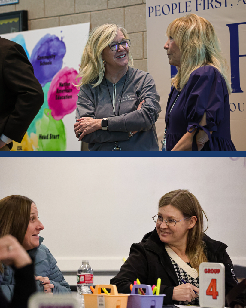 A collage of two photos of people conversing at the Board & Parent Engagement Night. 