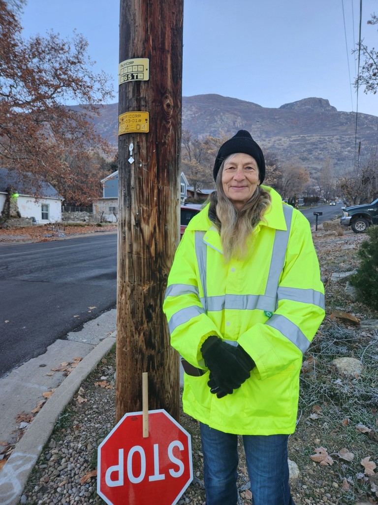 crossing guard standing on the corner holding her stop sign