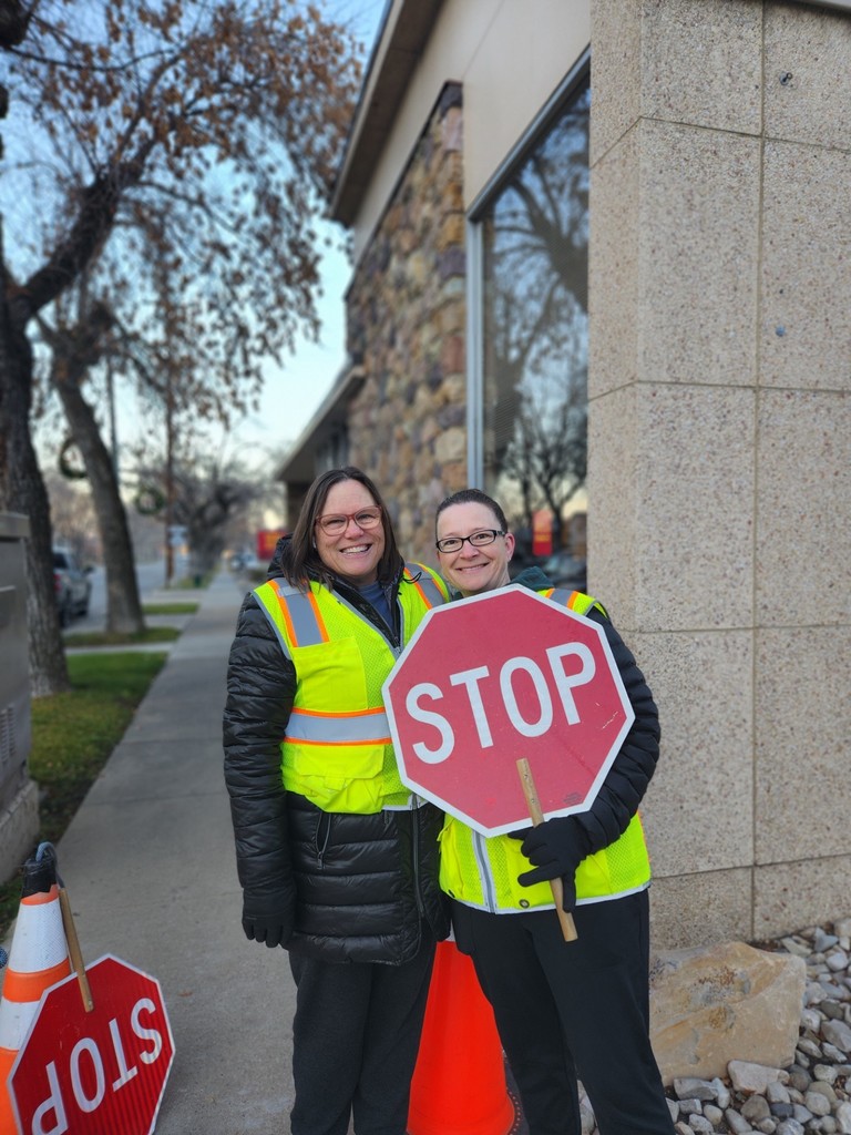 two crossing guards holding their stop signs on the corner