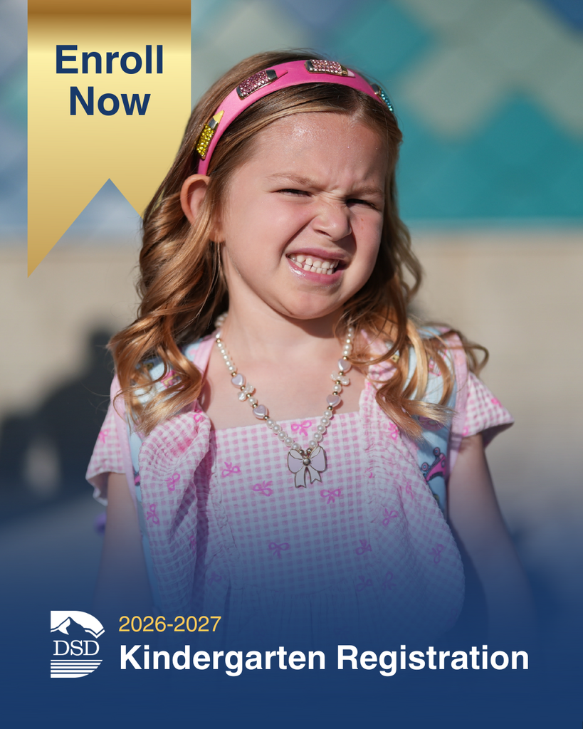a student wearing her backpack a smiling with text that reads "2026-2027 kindergarten registration"