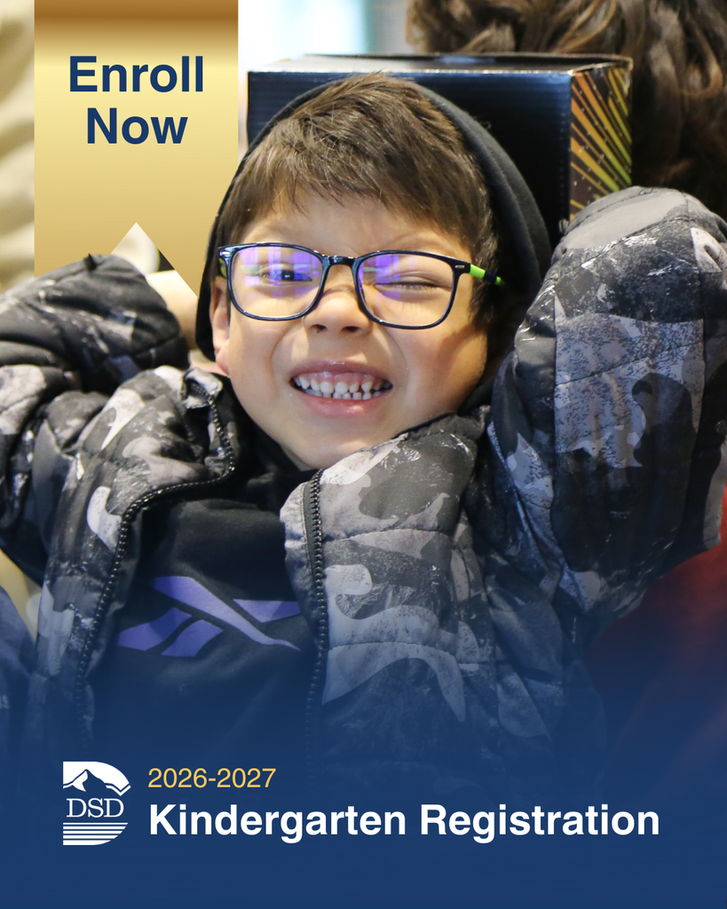 student with a huge smile and text that reads "2026-2027 kindergarten registration"