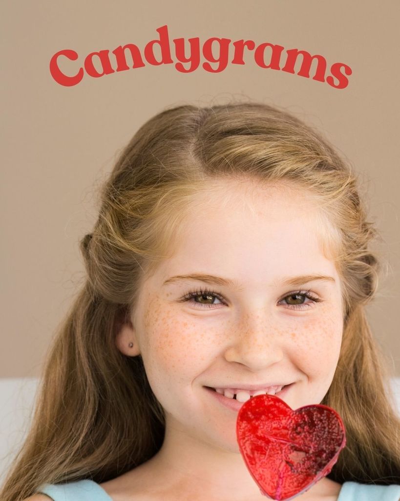 Candygrams. Girl with a red heart sucker.