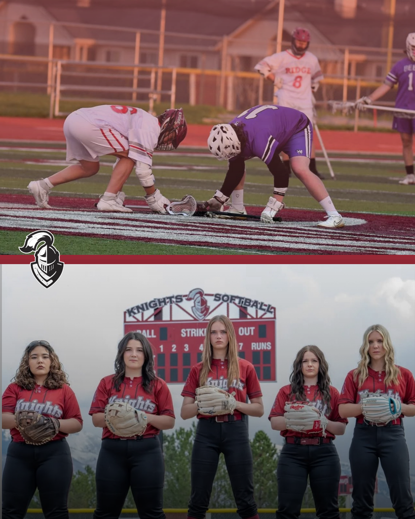 Two NHS sports team photos. NHS Boys lacrosse at standoff for possession of the ball, NHS 5 Senior girls from the Softball team standing ready to play.