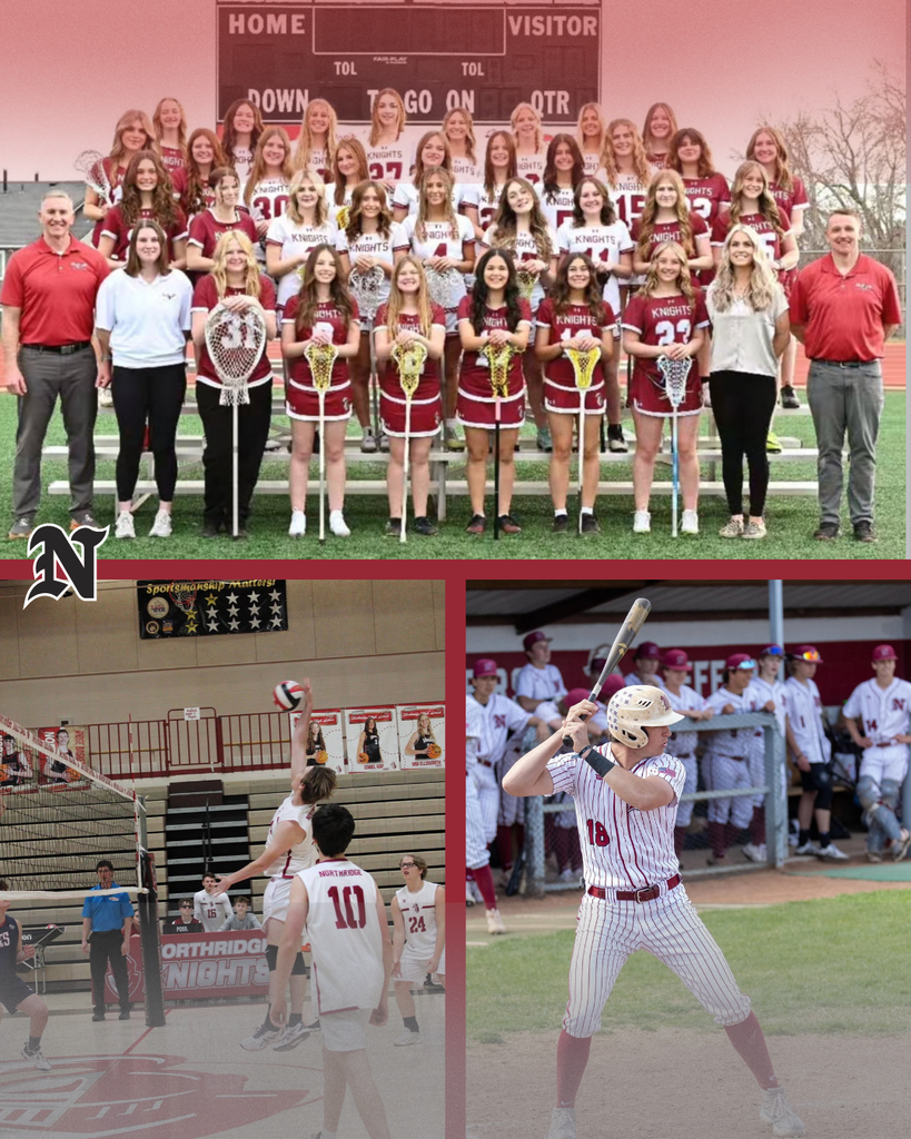 Three different photos. NHS Girls Lacrosse team picture, NHS Boys volleyball hitting the ball mid game, and #18 NHS Baseball player up to bat.