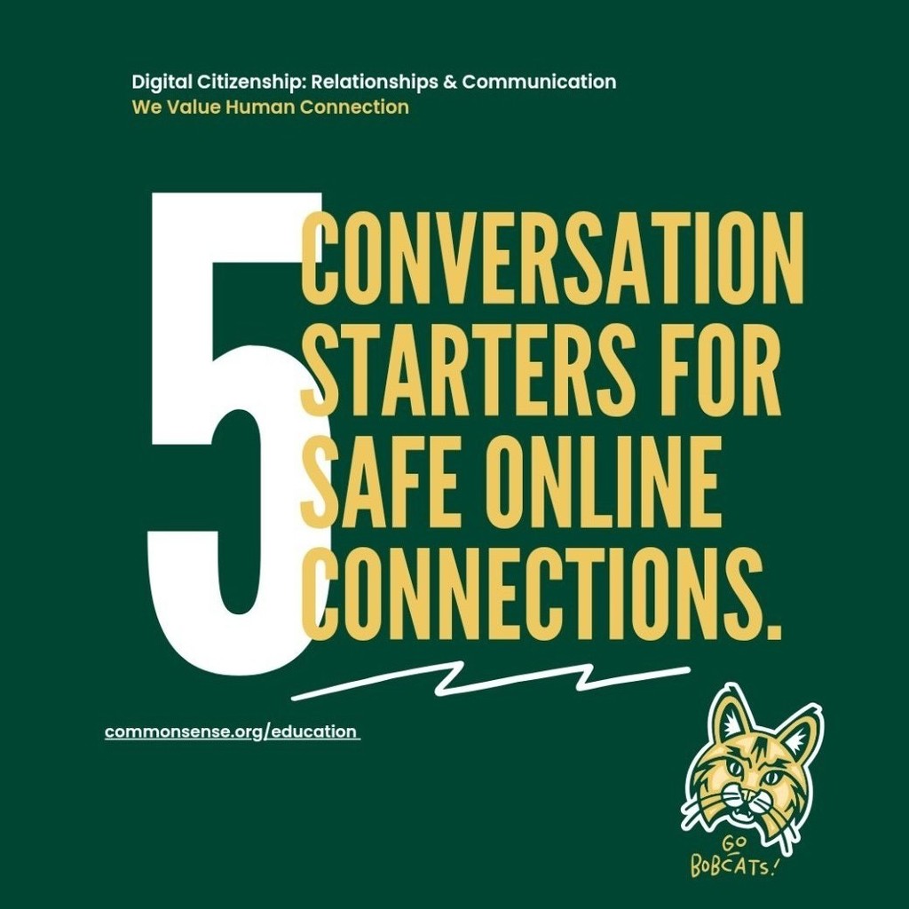 Green title graphic reading “5 Conversation Starters for Safe Online Connections.” Subheading reads “Digital Citizenship: Relationships & Communication — We Value Human Connection.” Includes a bobcat mascot and Bountiful Elementary branding.