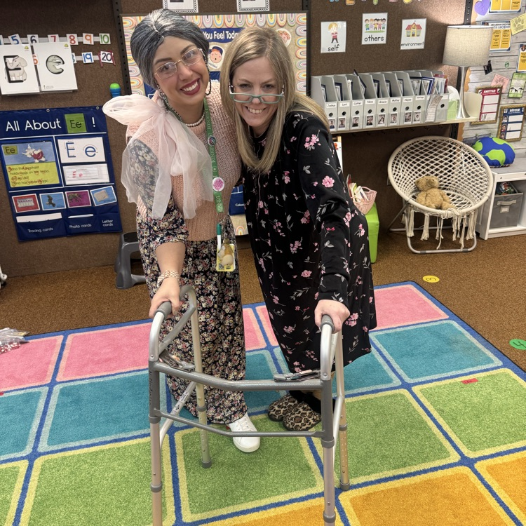 Mrs. Elliott (the teacher) and the vice principal Ms. Swinyard dressed up for the 100th day of Kindergarten