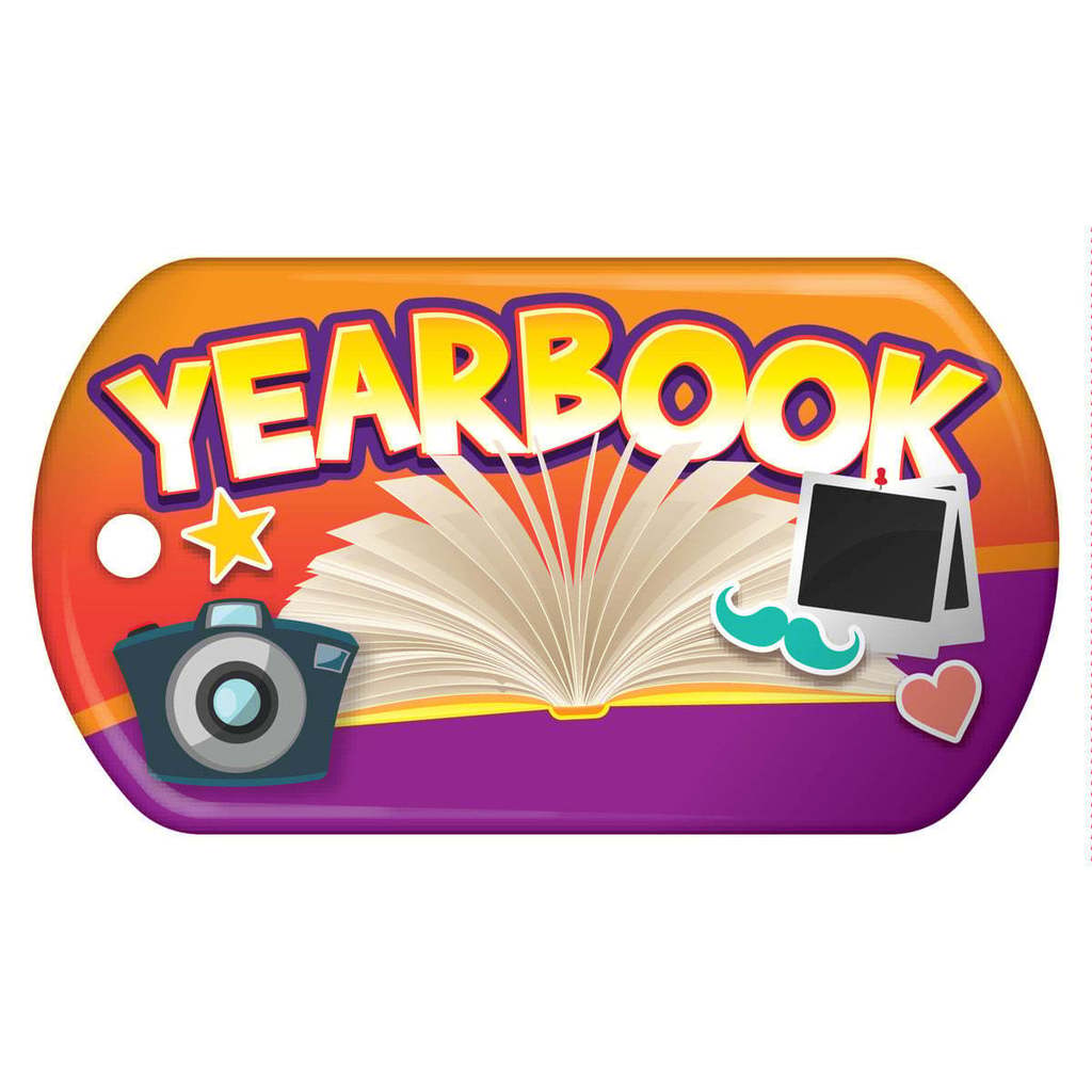 yearbook text with open book, polaroids and camera