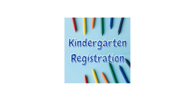 Kindergarten Registration text on blue background with different colors of crayons