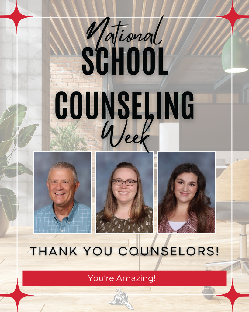 image of an office space in the background with plants, high ceiling and chairs image of kjh school counselors and the kjh knight logo a knight holding a shield and pointing a sword national school counseling week thank you counselors! you're amazing!