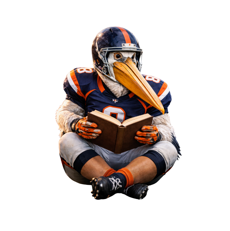 A football player with a pelican head reading a book