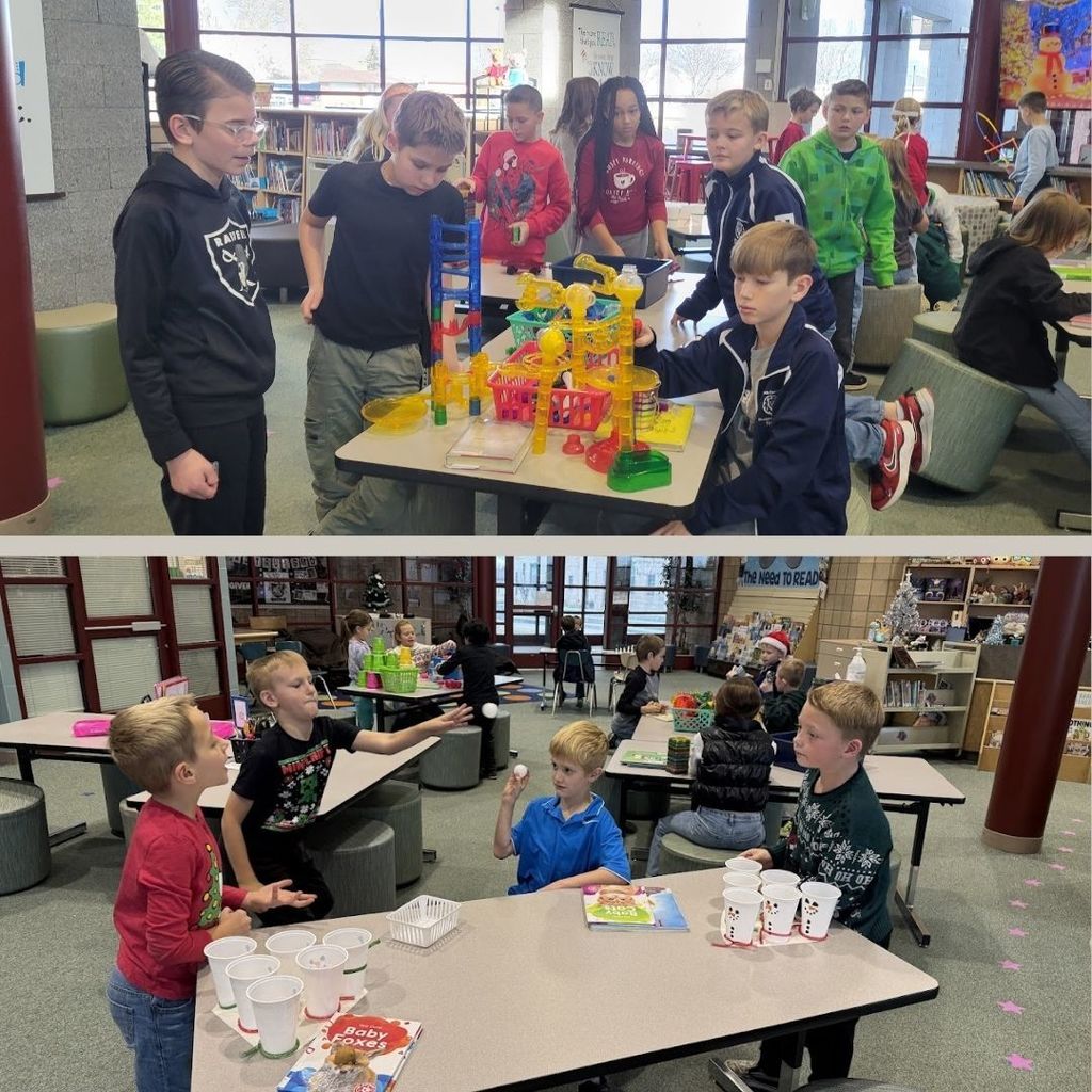 Students playing with maker stations in the school library.
