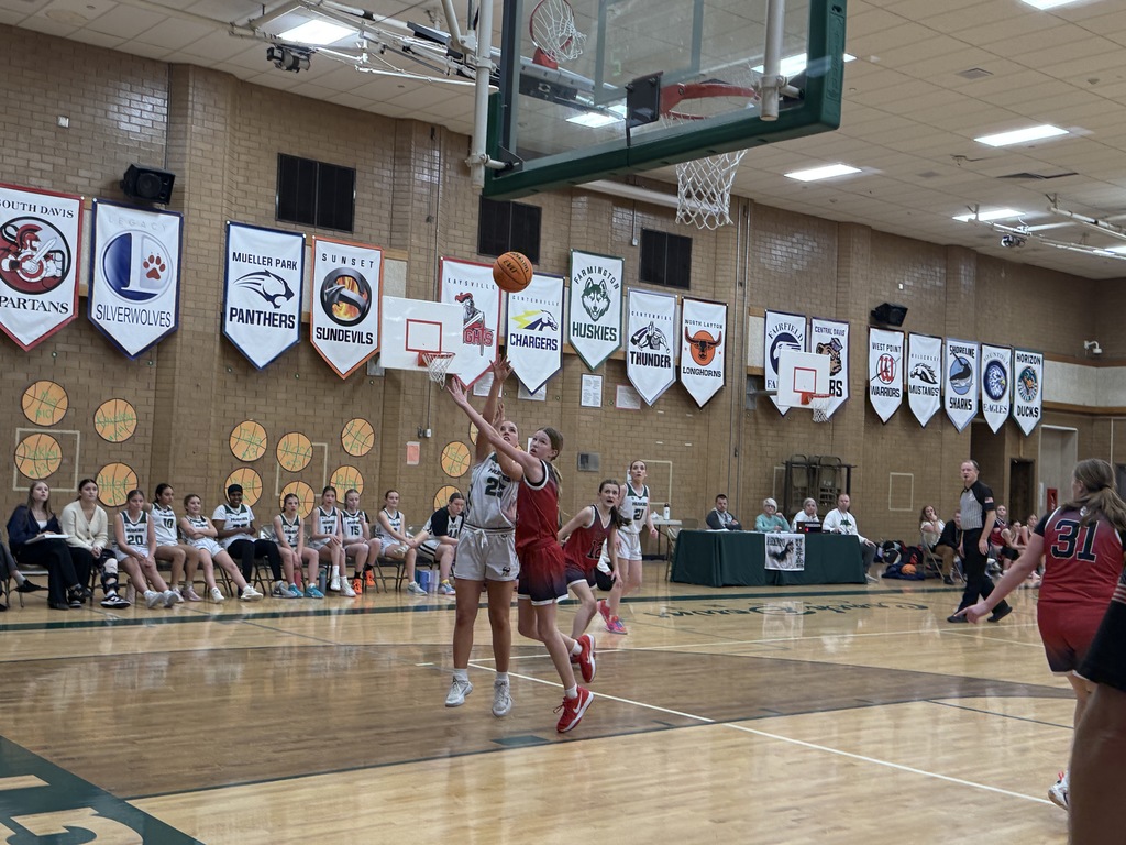 Girl shooting basketball.