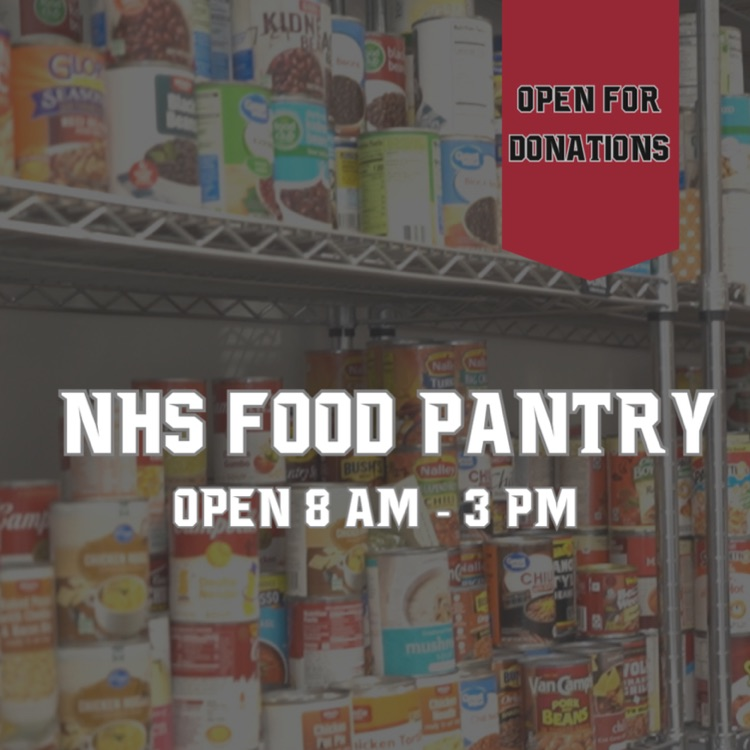 Photo of cans on shelfs in a food pantry. NHS Food pantry open 8 am-3 pm
