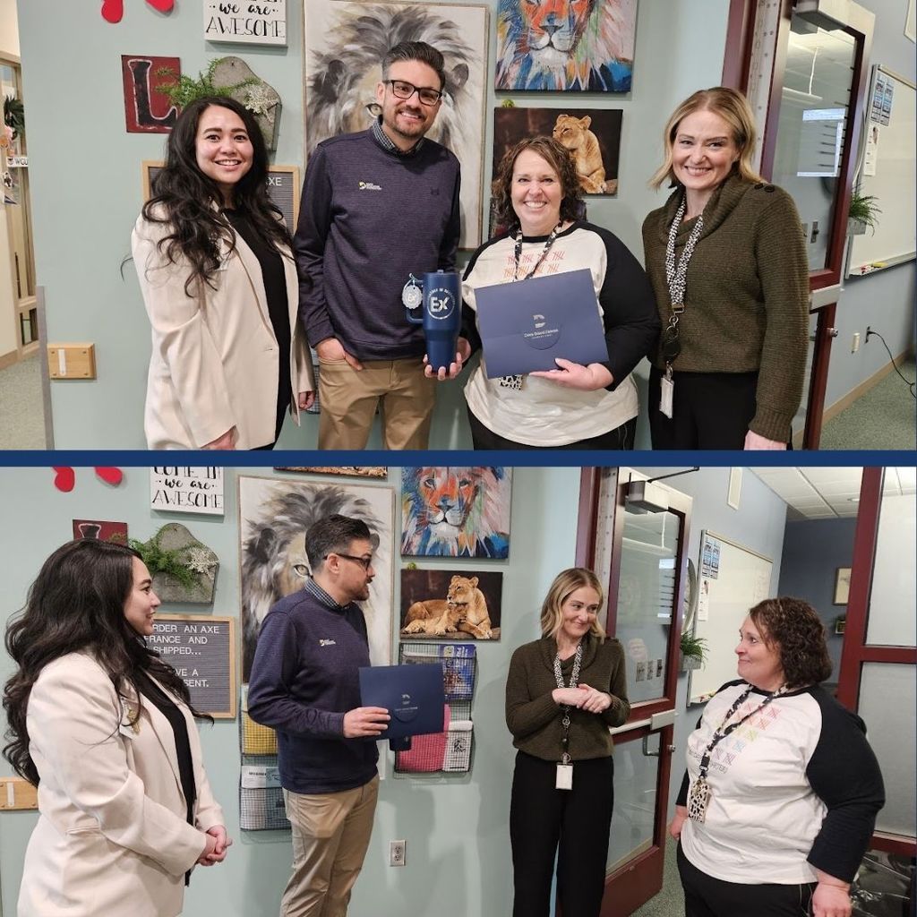 Mrs. Brewer receiving an award from District personnel and the principal. 