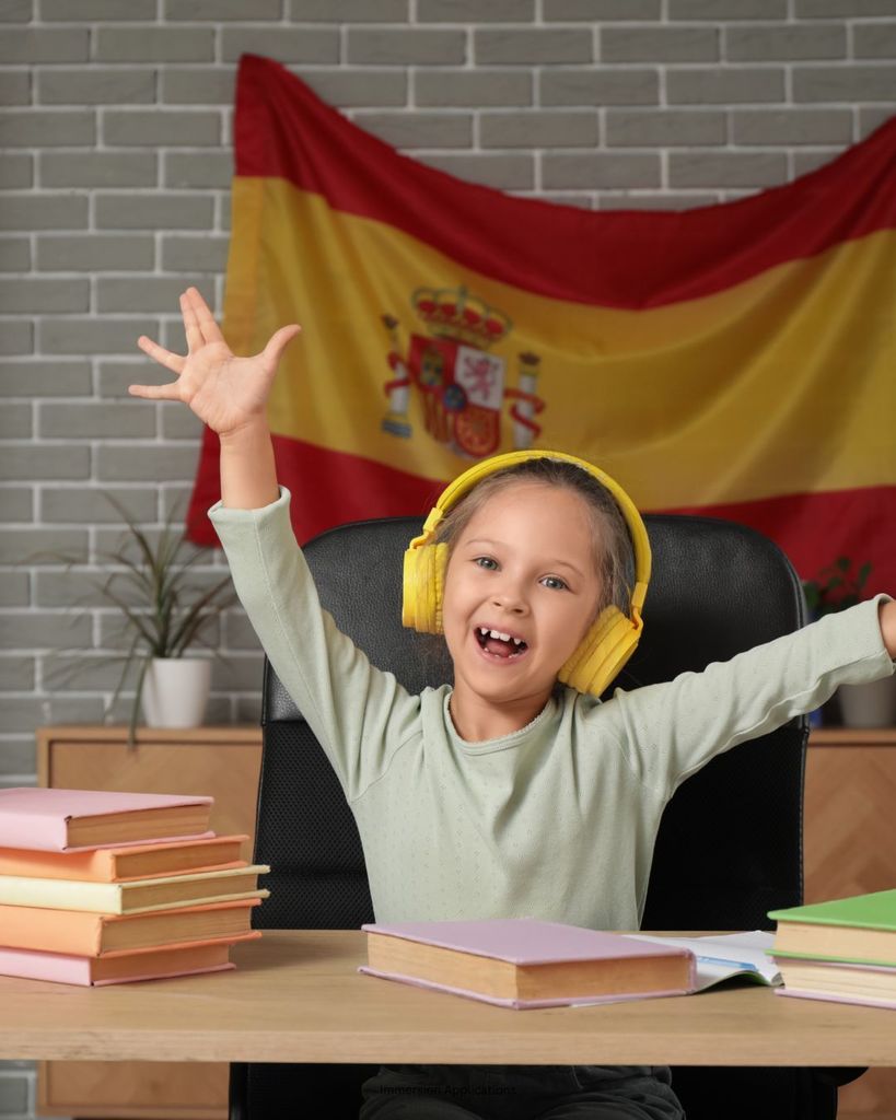 Picture of a girl at a desk with books and a Spain flag behind her.