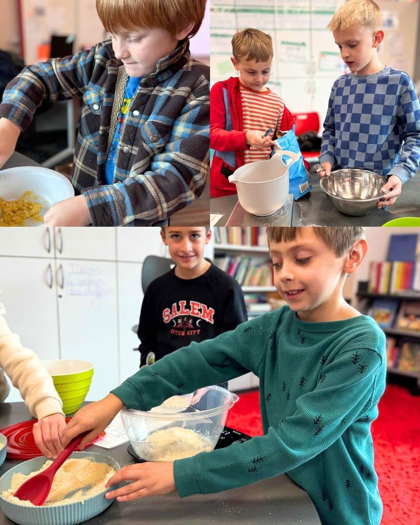 Elementary students measuring ingredients, mixing dough, and working together at a classroom table to bake a pastry.