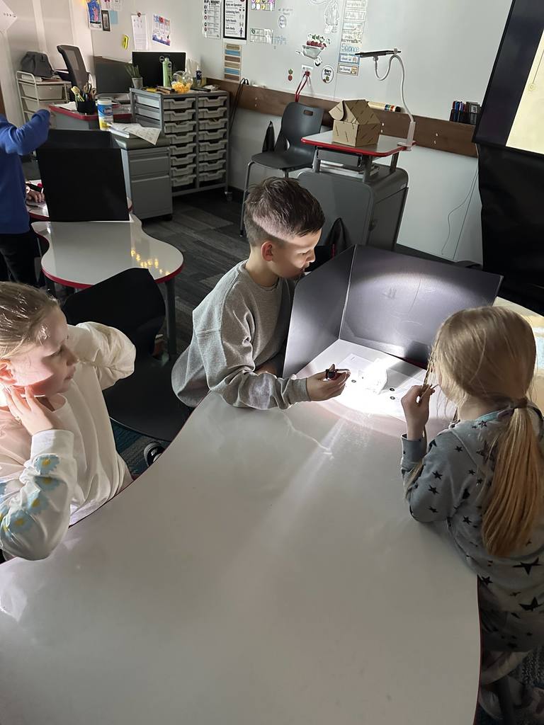 Students shining a light on an object.