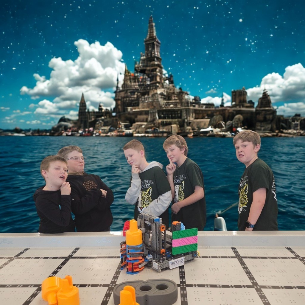 VEXIQ team in front of field with robot and AI generated background based on team name.