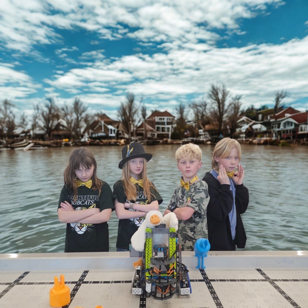 VEXIQ team in front of field with robot and AI generated background based on team name.