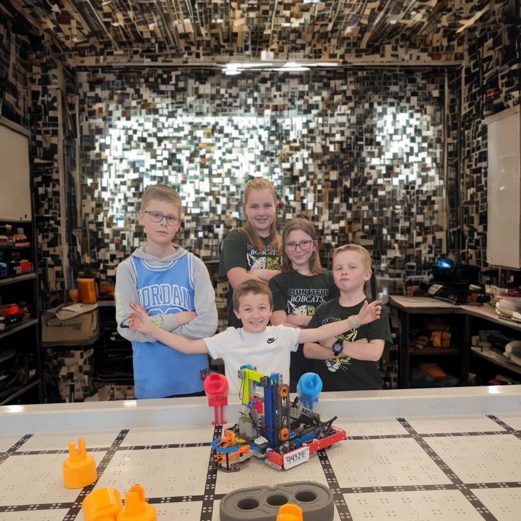 VEXIQ team in front of field with robot and AI generated background based on team name.