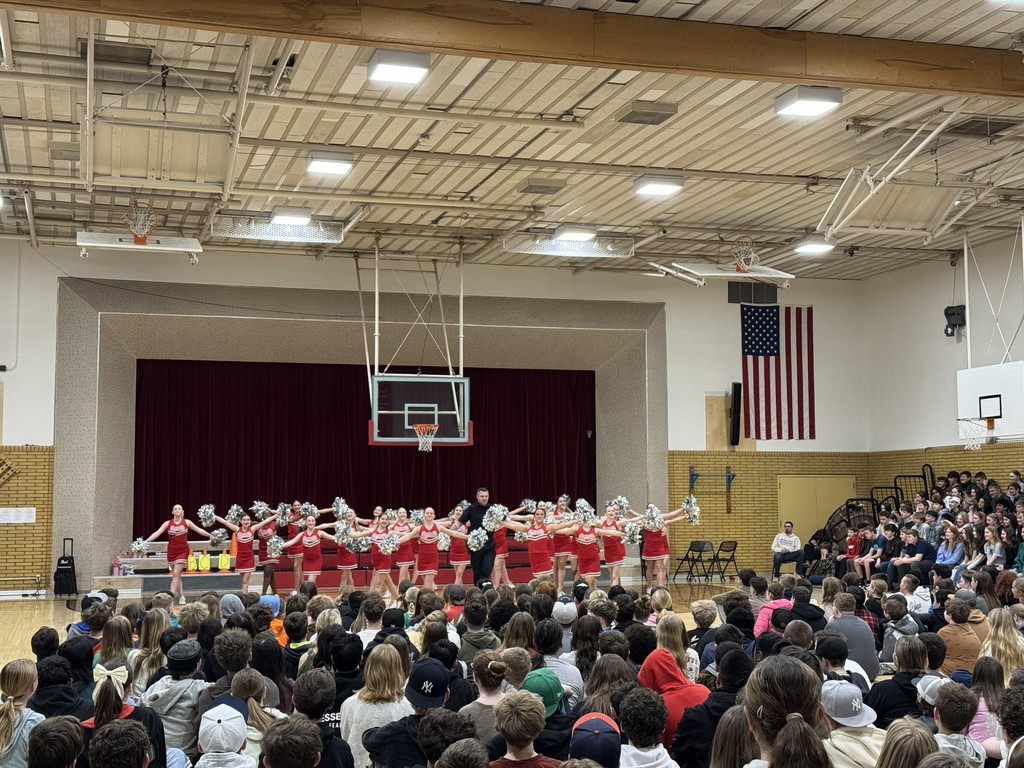 image of cheerleaders and school resource officer dancing with pom poms and students watching.