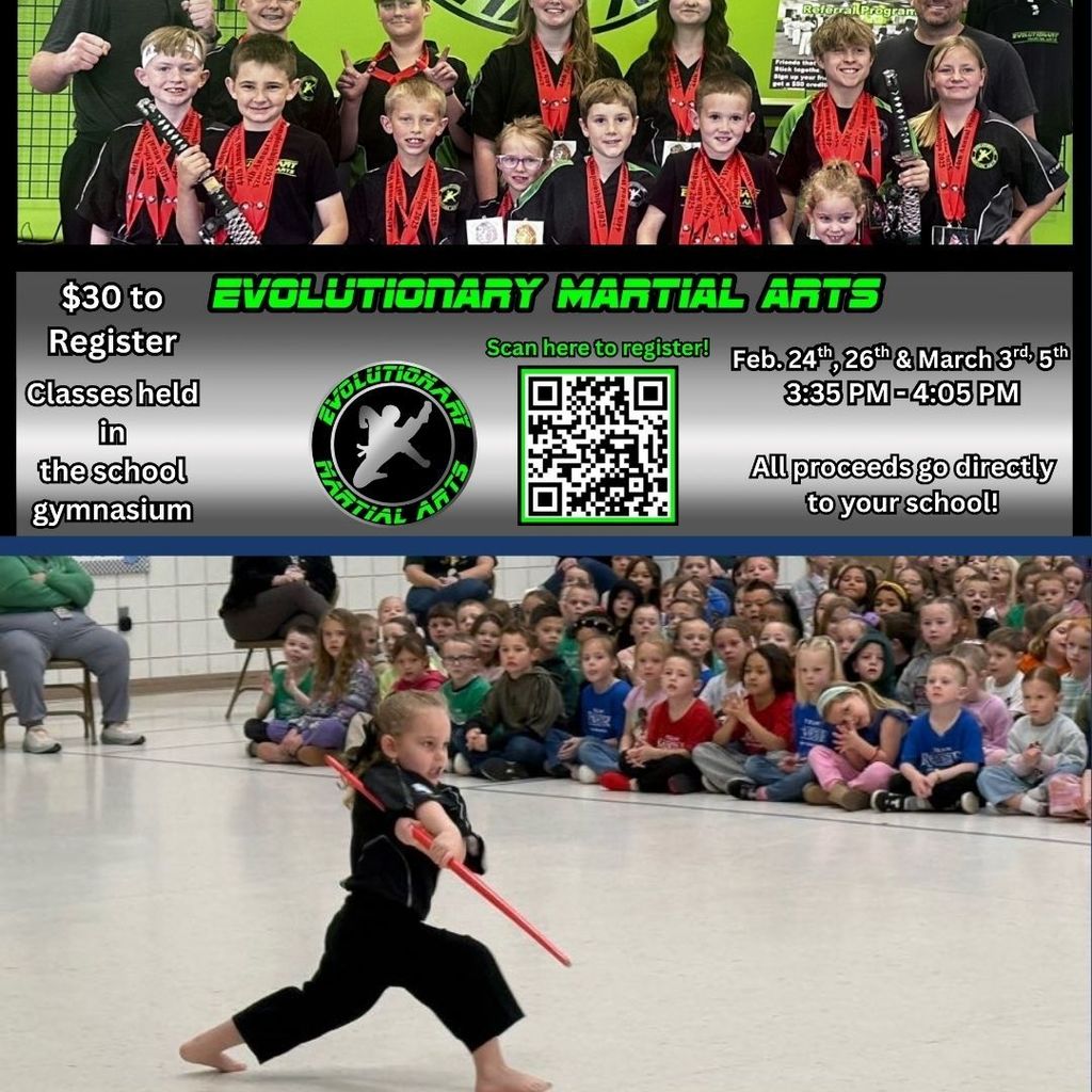 Evolutionary Martial Arts Flyer and pictures of kids in martial arts uniforms.