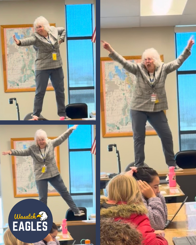 3 photos showing principal dancing on a teacher's desk