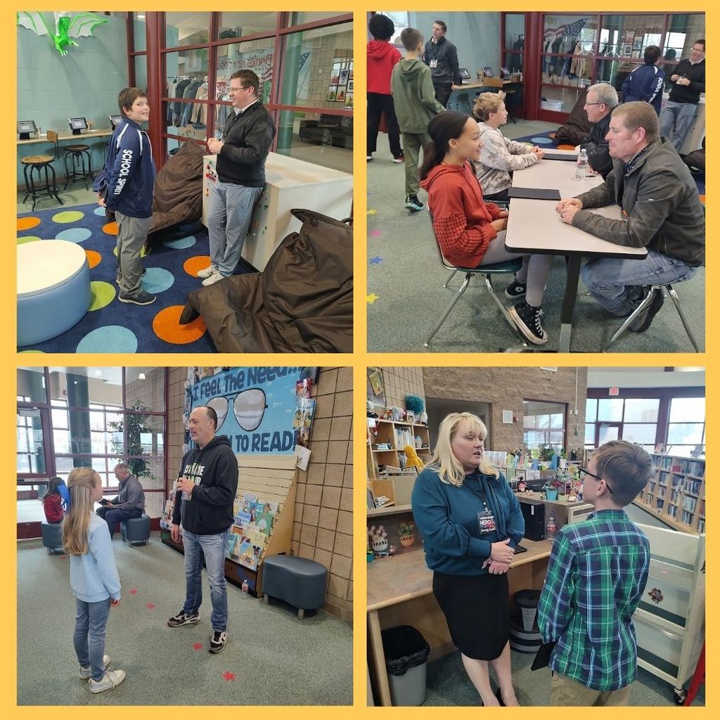 Students using conversational skills talking to adults.