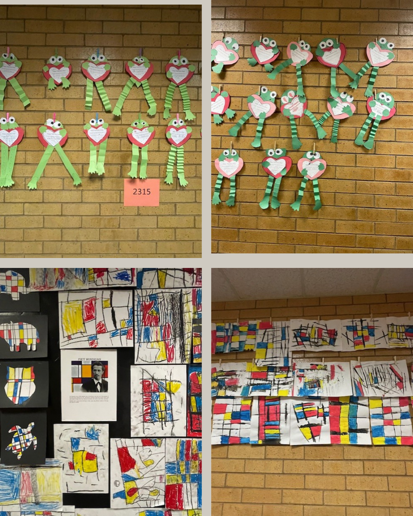 Writing prompts in 1st and Kinder and Art lesson about Piet Mondrian. Each grade had a different way to interpret his art.