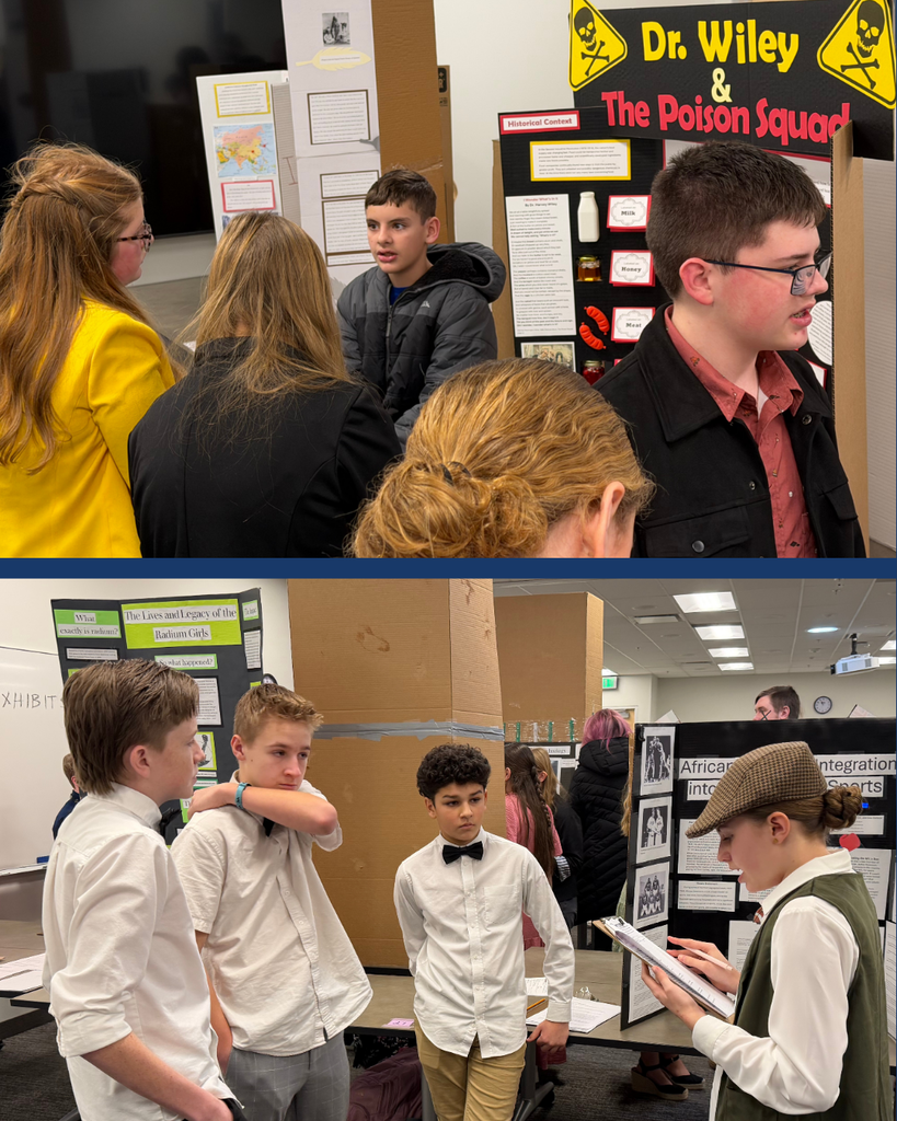 Two images of students giving reports to other students in front of their poster boards. 