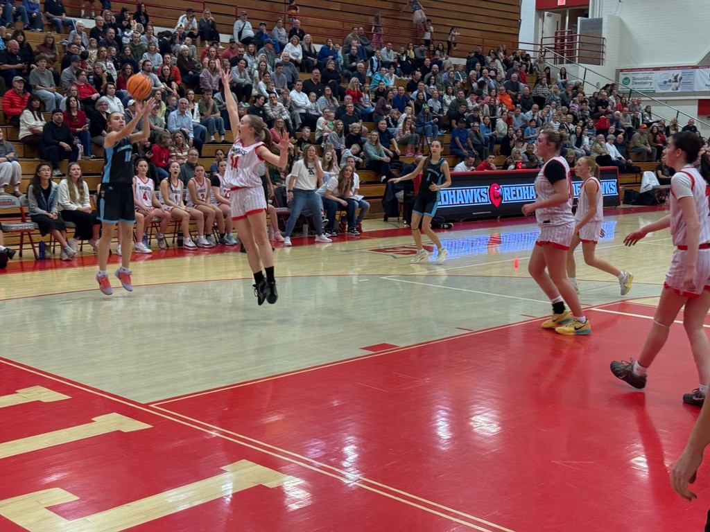 image of girls playing basketball, one girl shooting the ball, another blocking the shot.