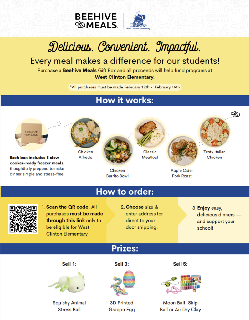 Beehive Meals Fundraiser at West Clinton Elementary! February 12 - 19
