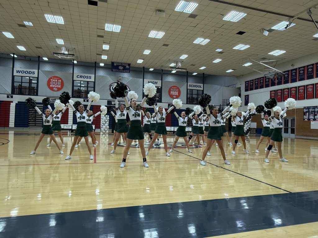 Cheerleaders hitting high V formation.