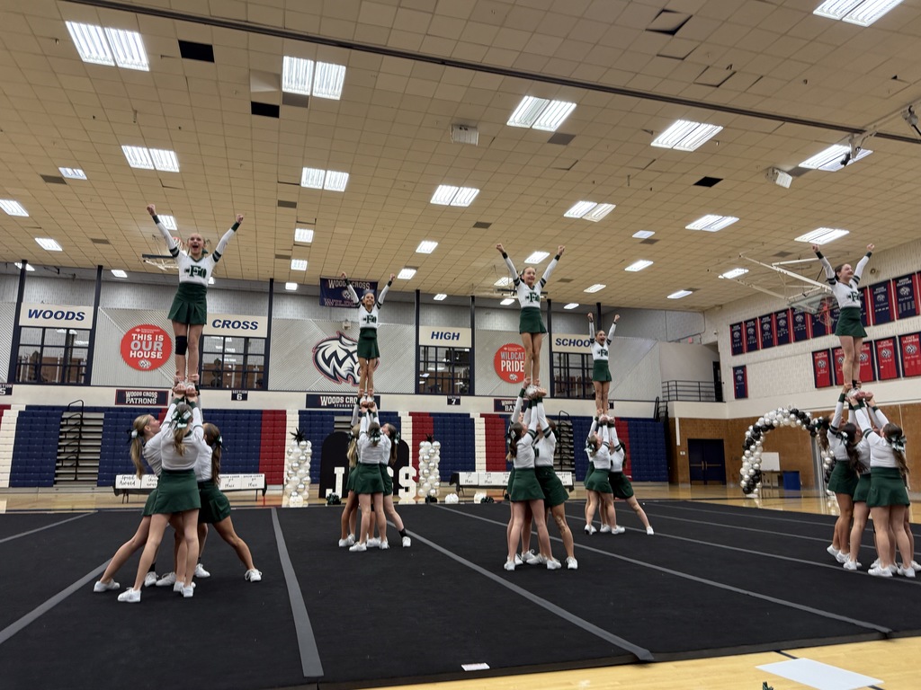 Cheerleaders stunting during their routine.